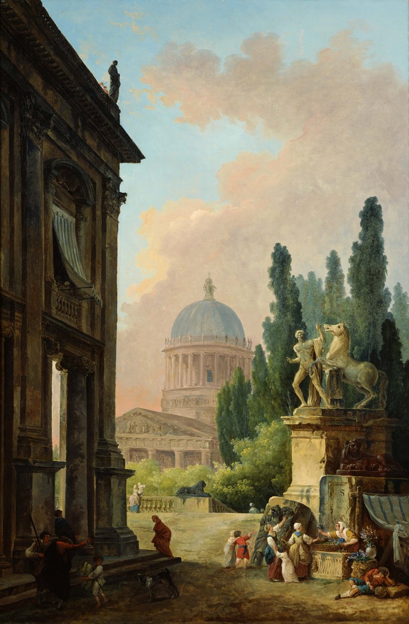 A Monte Cavallo óriási szobrai és a székesegyház látható fantáziakép Rómáról alkotó: Hubert Robert