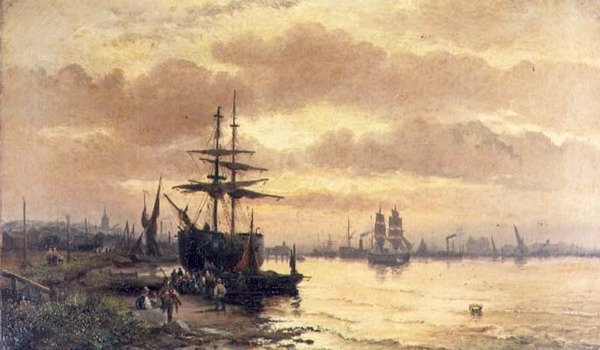 Fisherfolk egy torkolat partján naplementekor alkotó: Hubert Thornley