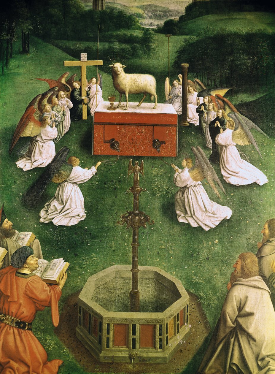 A misztikus bárány imádatának másolata a genti oltárképről, a központi panel alsó fele (olaj a táblán) (lásd még: 166057) alkotó: Hubert and Jan van  Eyck