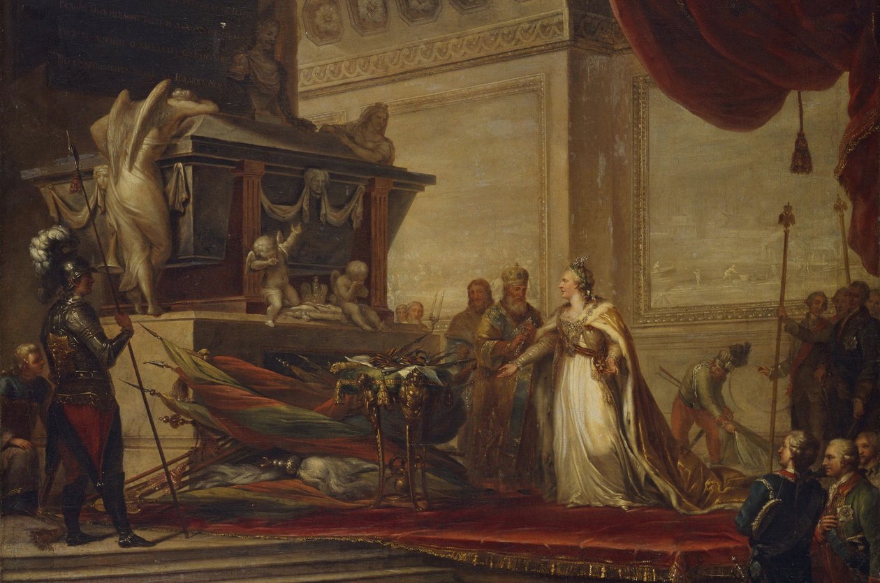 II. Katalin a chesmai csata trófeáit helyezi Nagy Péter sírjára, 1791 alkotó: Hüne