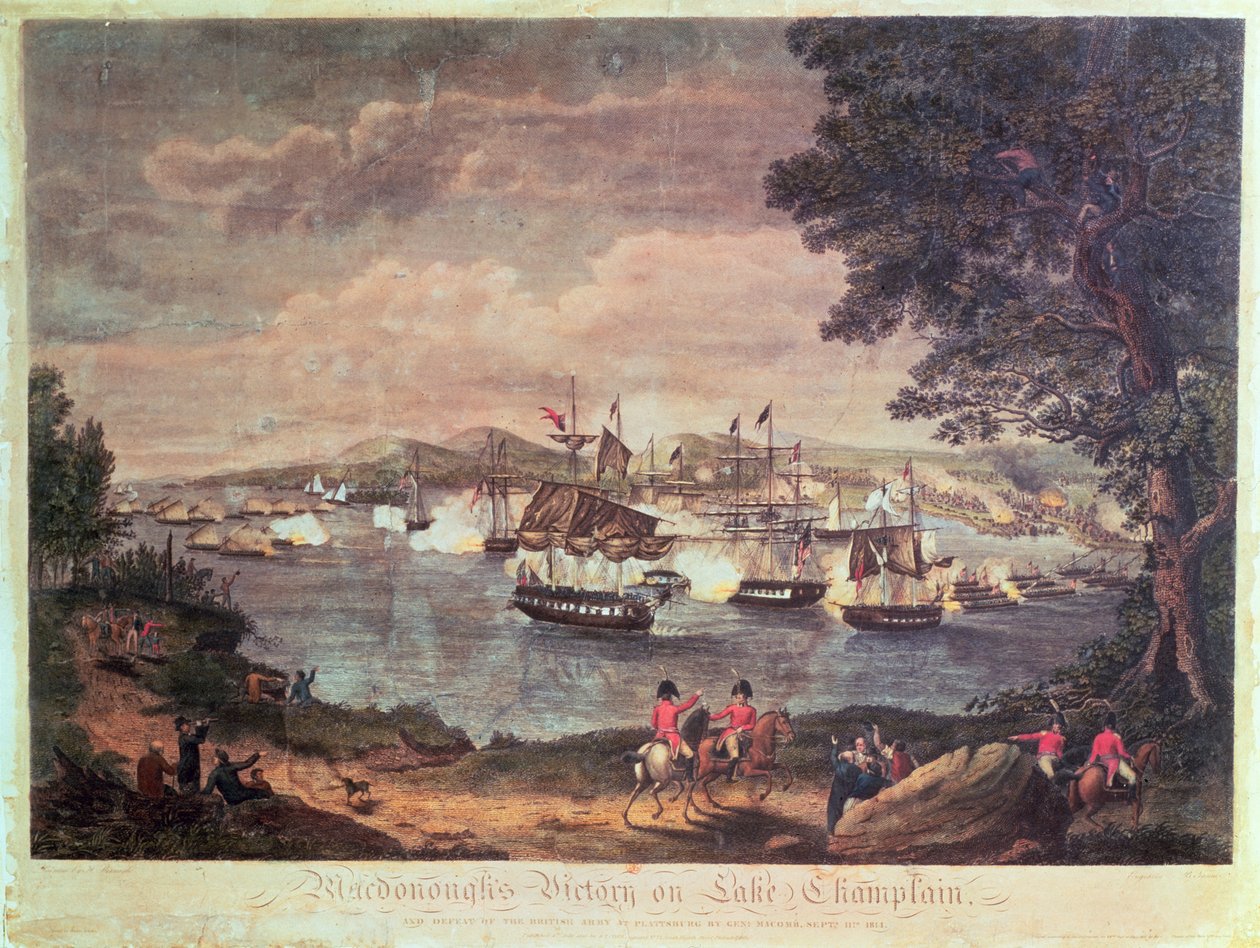 Macdonough győzelme a Champlain-tavon és a brit hadsereg veresége Plattsburgnál Macomb tábornok által 1814. szeptember 11-én (színes metszet) alkotó: Hugh Reinagle