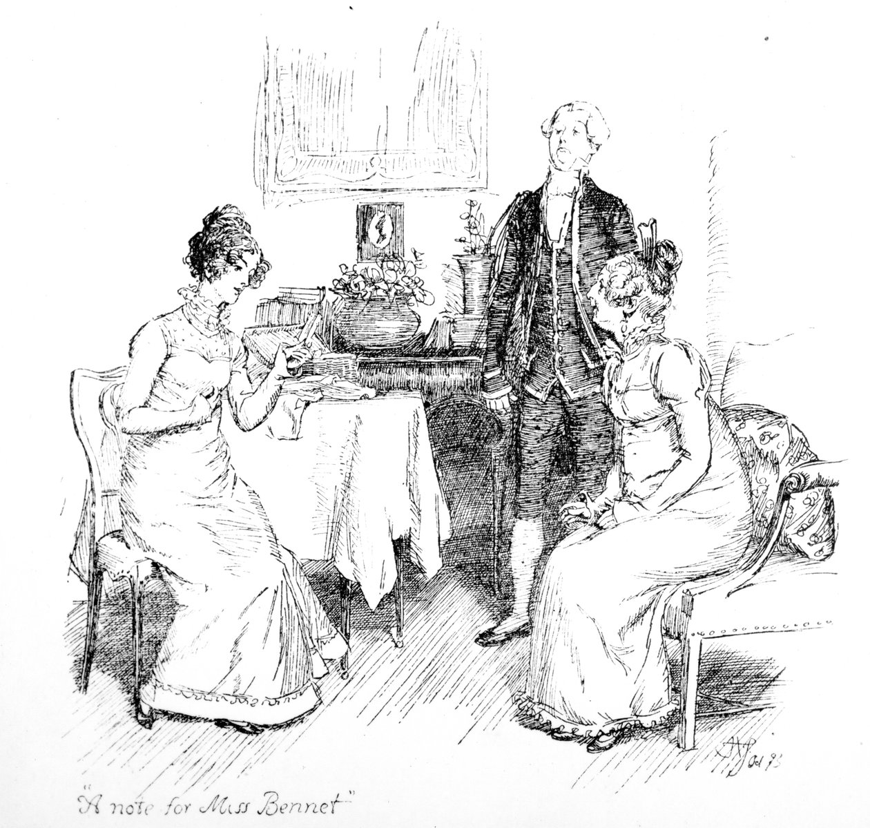 „A jegyzet Miss. Bennet számára”, illusztráció Jane Austen „Pride und Prejudice” című művéből, 1894-ben megjelent kiadás alkotó: Hugh Thomson