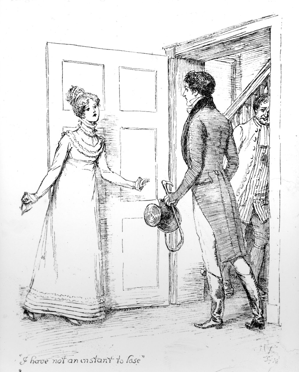 „Nincs egy pillanat vesztenivalóm” – illusztráció Jane Austen „Büszkeség és balítélet” című művéből, 1894-ben megjelent kiadás alkotó: Hugh Thomson