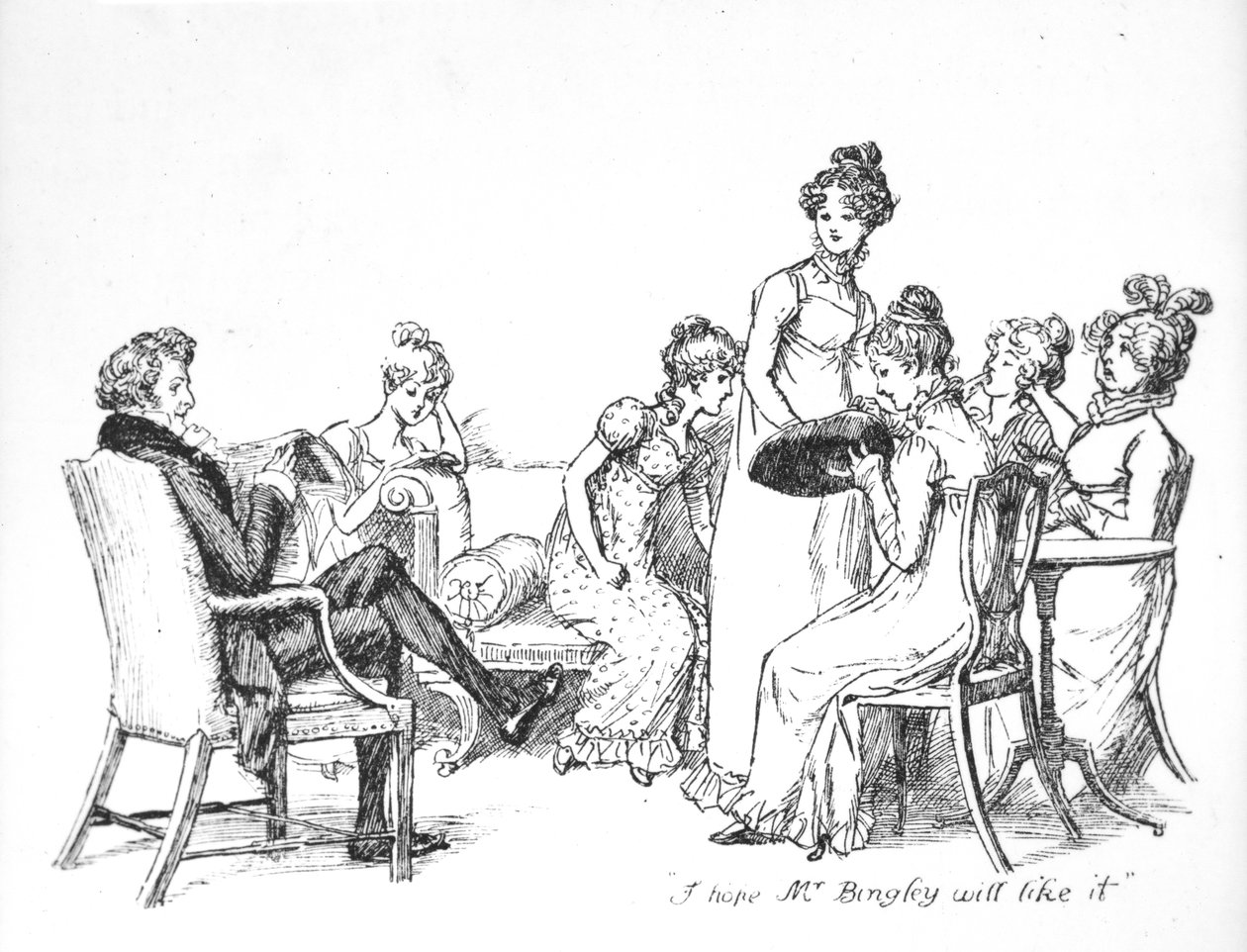 „Remélem, Mr. Bingleynek tetszeni fog” – illusztráció Jane Austen „Pride und Prejudice” című művéből, 1894-ben megjelent kiadás alkotó: Hugh Thomson