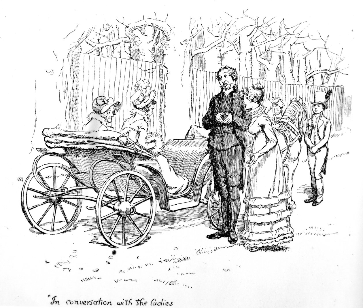 „Beszélgetésben a hölgyekkel”, illusztráció Jane Austen „Büszkeség és balítélet” című művéből, 1894-ben megjelent kiadás alkotó: Hugh Thomson