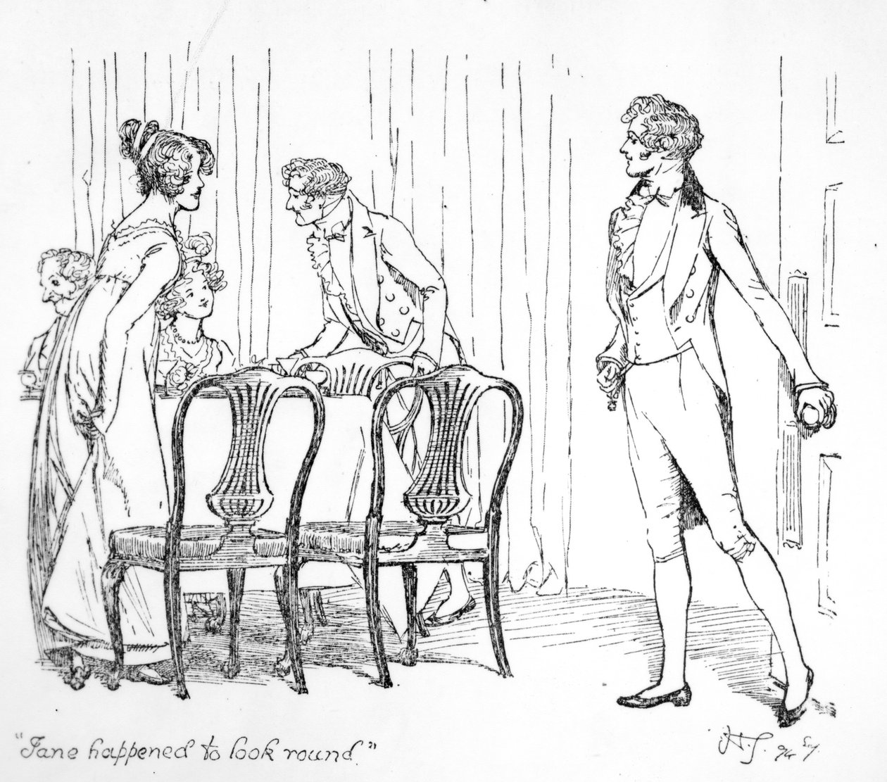 "Jane véletlenül körülnézett", illusztráció Jane Austen "Büszkeség és balítélet" című művéből, 1894-es kiadás. alkotó: Hugh Thomson
