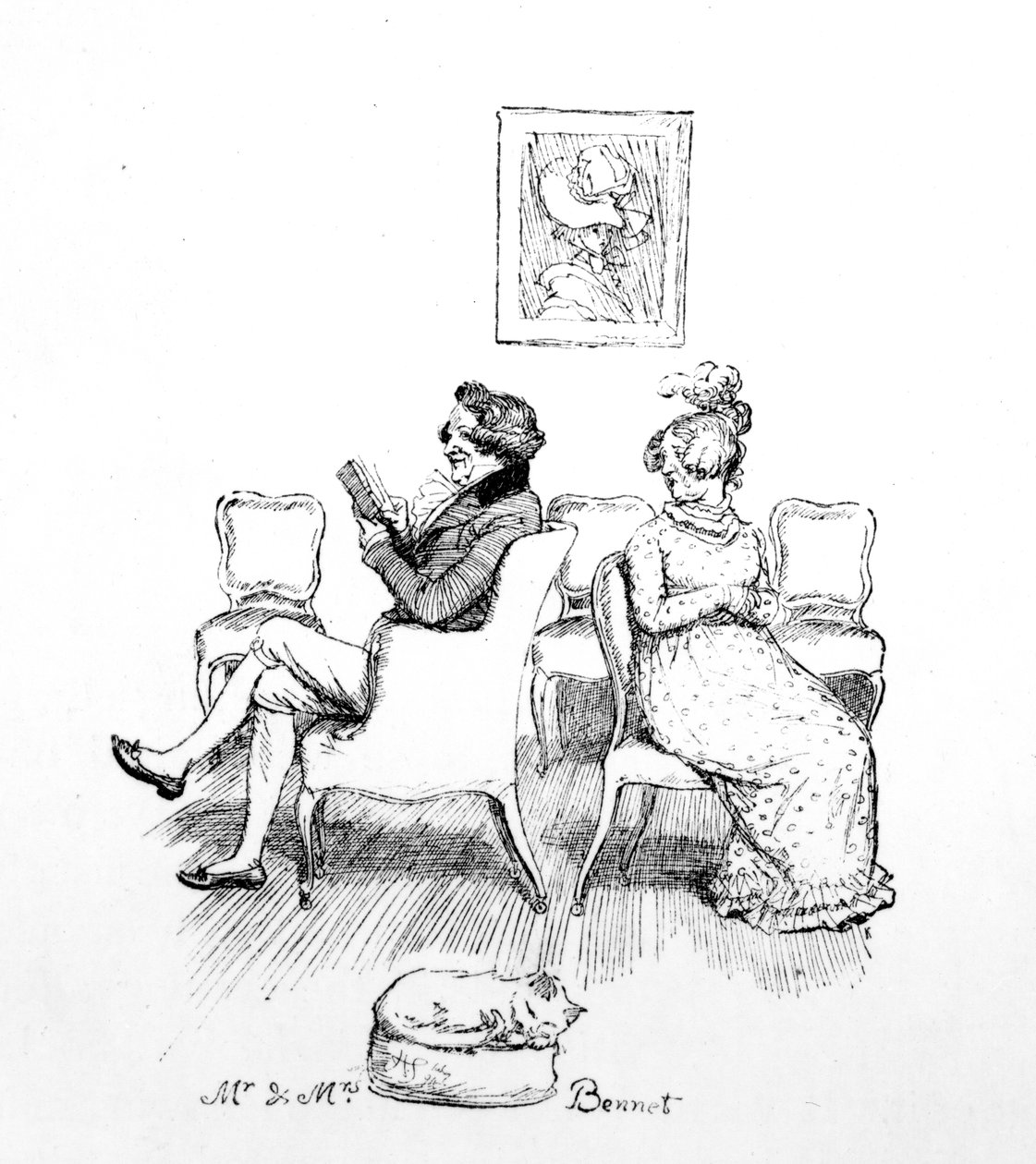 Mr und Mrs Bennet, illusztráció Jane Austen „Pride und Prejudice” című művéből, 1894-ben megjelent kiadás alkotó: Hugh Thomson