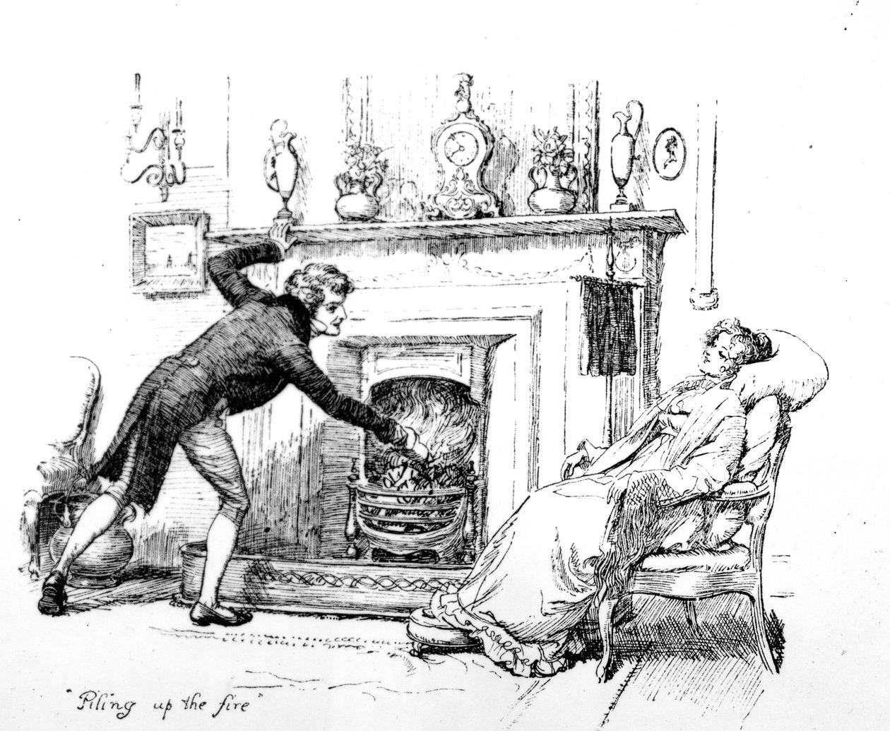 „Piling up the fire”, illusztráció Jane Austen „Pride und Prejudice” című művéhez, 1894-ben megjelent kiadás alkotó: Hugh Thomson