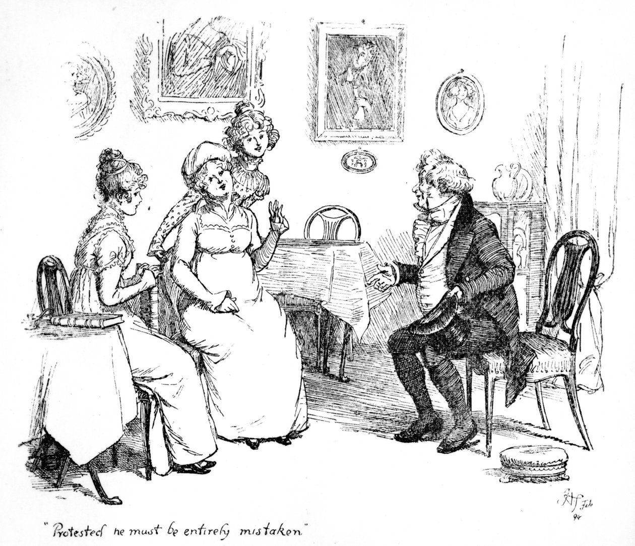„Tiltakozott, biztosan teljesen téved” – illusztráció Jane Austen „Pride und Prejudice” című művéhez, 1894-ben megjelent kiadás alkotó: Hugh Thomson