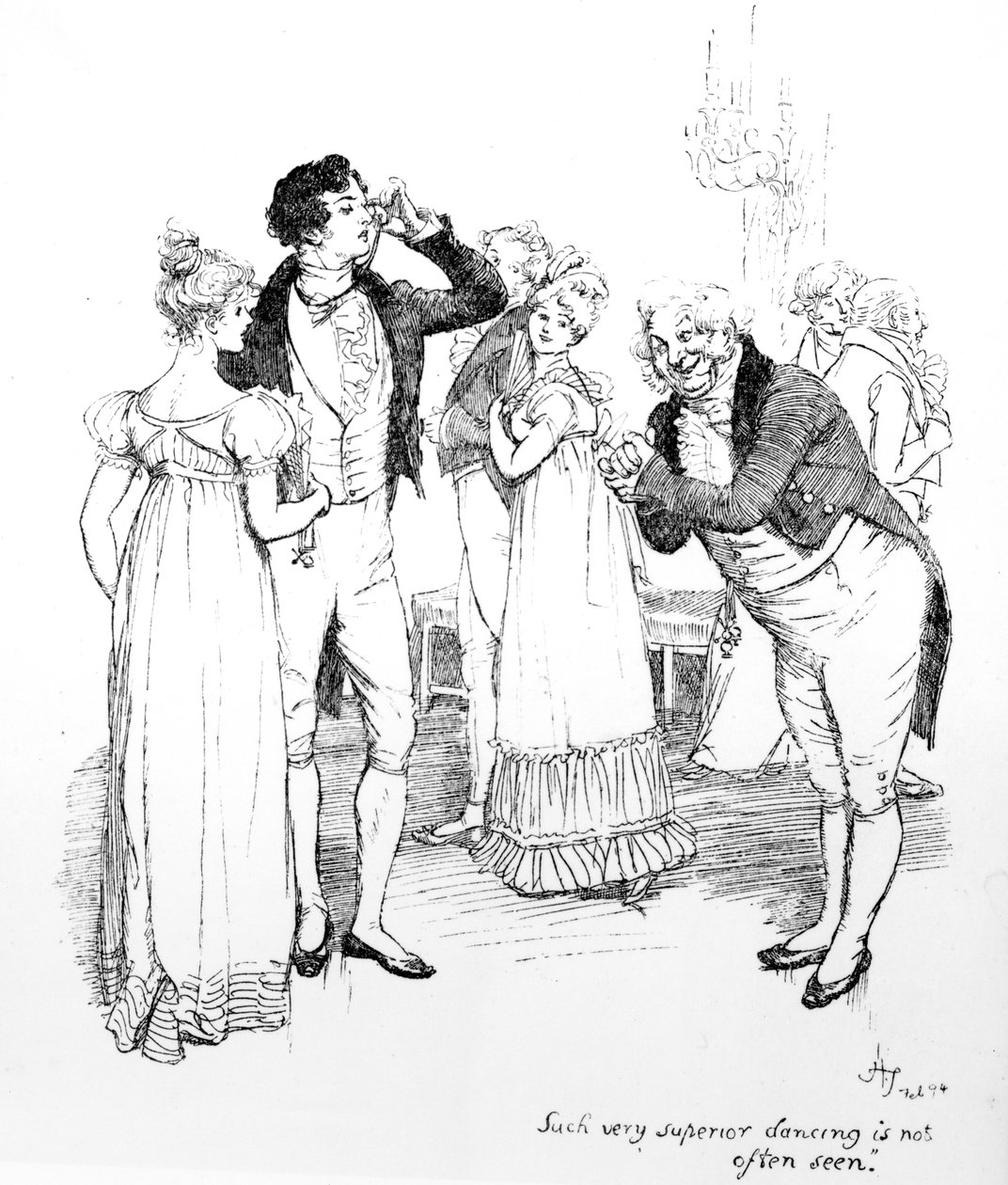 „Ilyen kiváló táncot ritkán látni” – illusztráció Jane Austen „Pride und Prejudice” című művéből, amely 1894-ben jelent meg. alkotó: Hugh Thomson