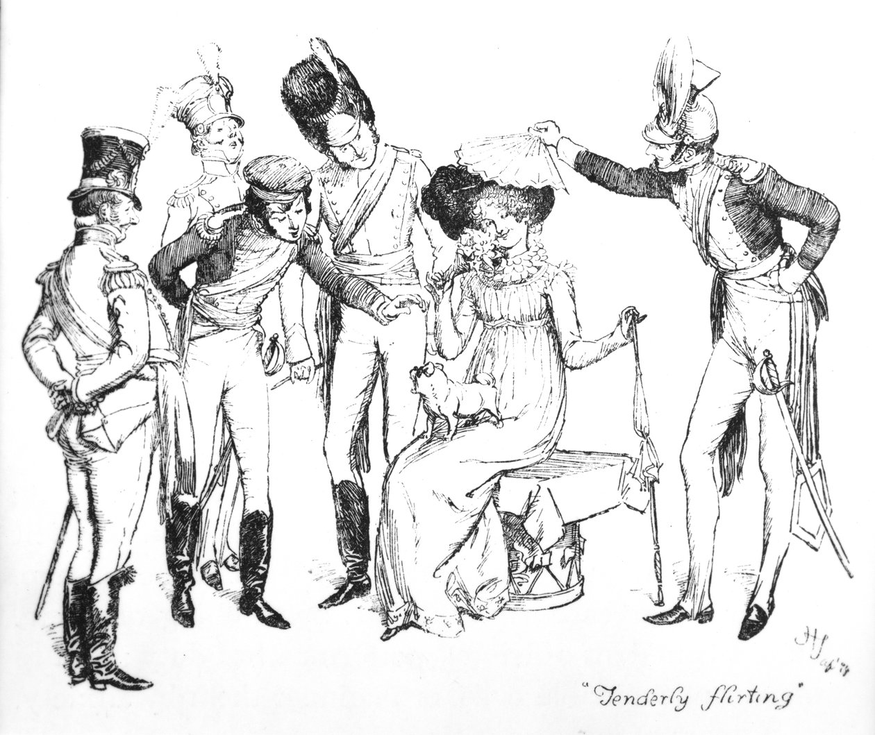 „Gyengéden flörtöl”, illusztráció Jane Austen „Pride und Prejudice” című művéből, 1894-ben megjelent kiadás alkotó: Hugh Thomson
