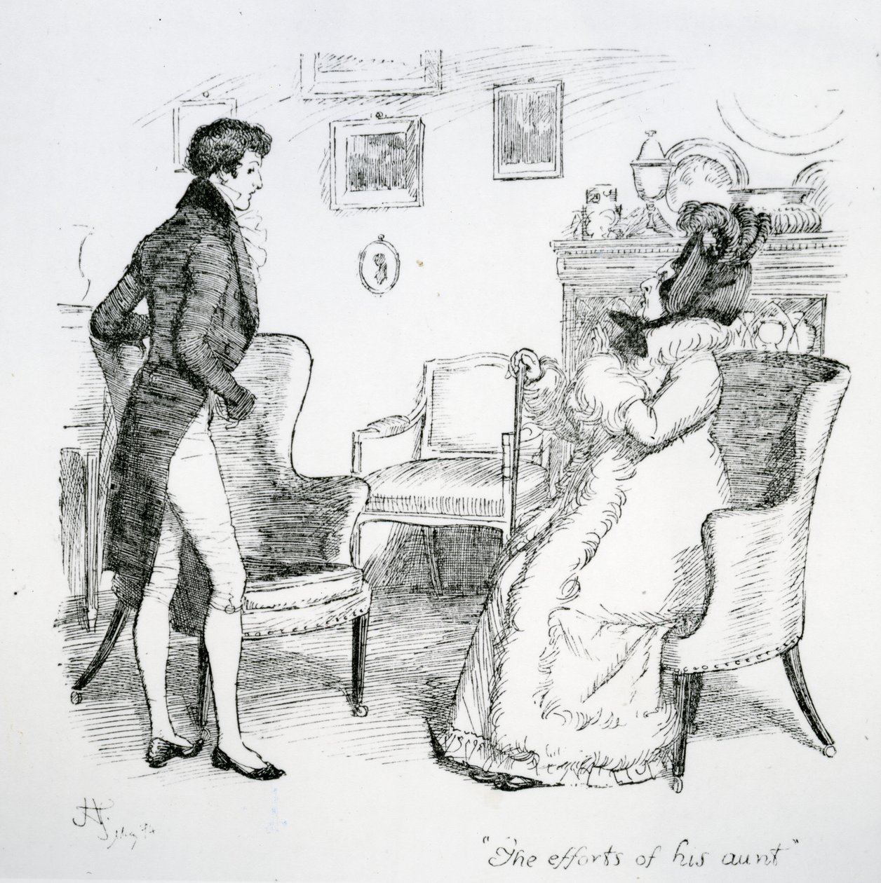 „A nagynénje erőfeszítései”, illusztráció Jane Austen „Pride und Prejudice” című művéből, 1894-ben megjelent kiadás alkotó: Hugh Thomson