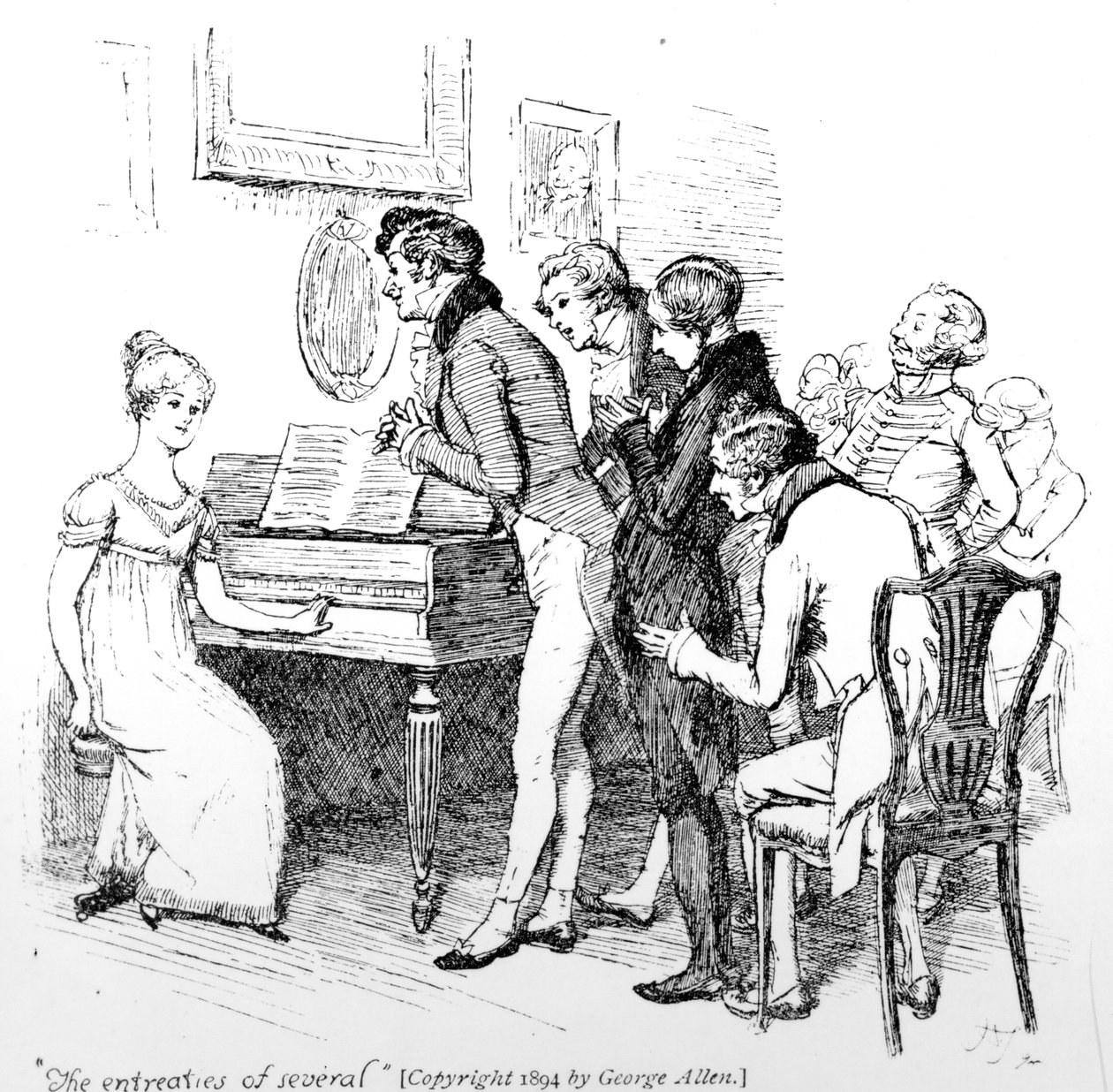 "The entreaties of several", illusztráció Jane Austen "Büszkeség és balítélet" című művéből, 1894-es kiadás. alkotó: Hugh Thomson