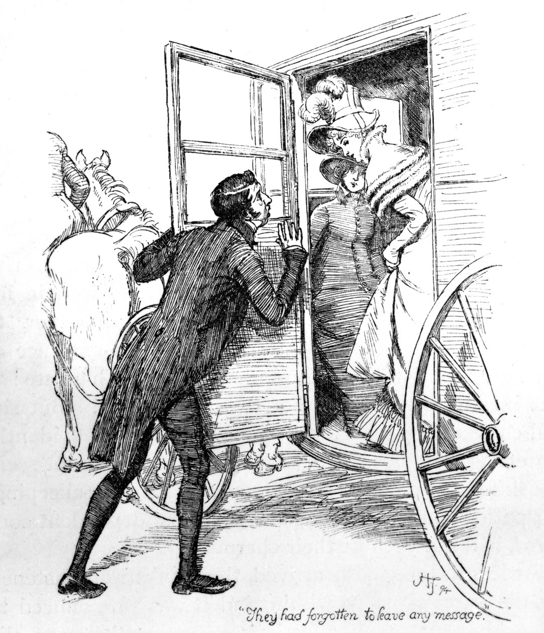 „Elfelejtettek üzenetet hagyni” – illusztráció Jane Austen „Büszkeség és balítélet” című művéből, 1894-ben megjelent kiadás alkotó: Hugh Thomson