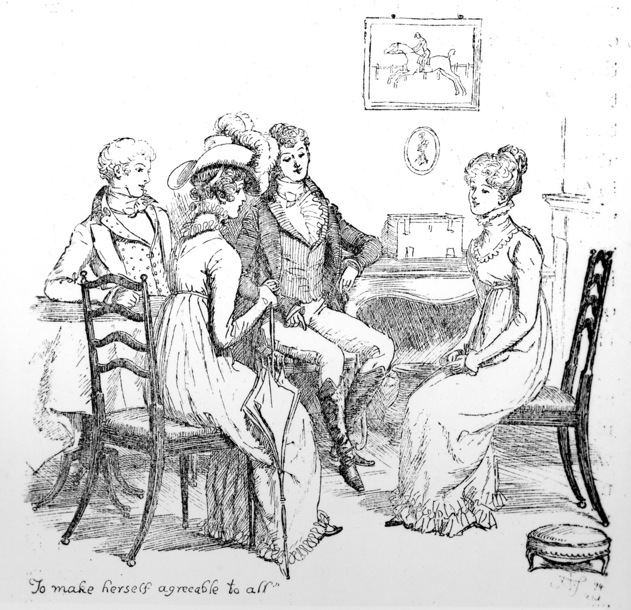 „Hogy mindenki számára elfogadhatóvá tegye magát”, illusztráció Jane Austen „Pride und Prejudice” című művéből, 1894-ben megjelent kiadás alkotó: Hugh Thomson
