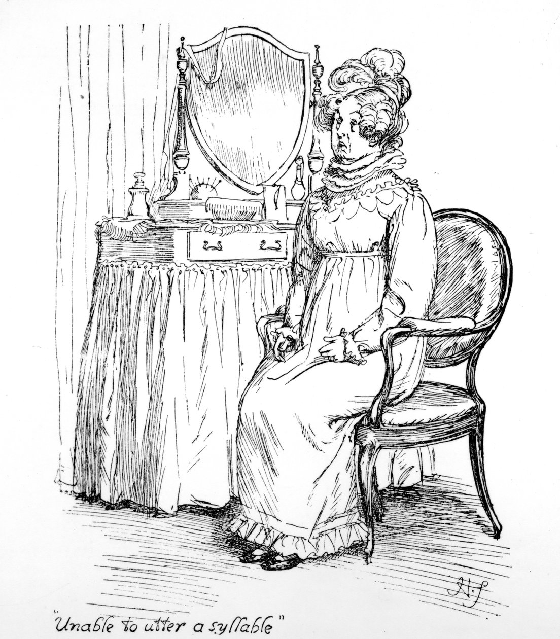 „Nem képes kimondani egy szótagot”, illusztráció Jane Austen „Büszkeség és balítélet” című művéhez, 1894-ben megjelent kiadás alkotó: Hugh Thomson