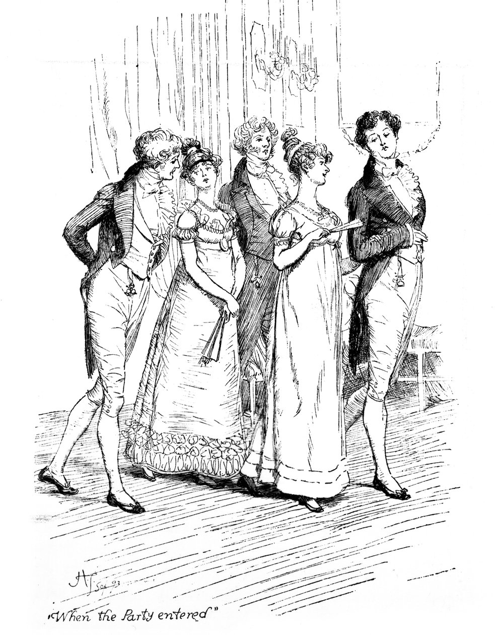 „Amikor a párt belépett”, illusztráció Jane Austen „Pride und Prejudice” című művéből, 1894-ben megjelent kiadás alkotó: Hugh Thomson
