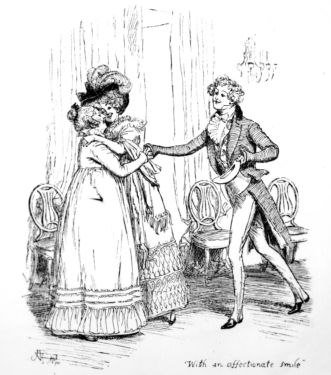 „Szeretetteljes mosollyal”, illusztráció Jane Austen „Pride und Prejudice” című művéből, 1894-ben megjelent kiadás alkotó: Hugh Thomson