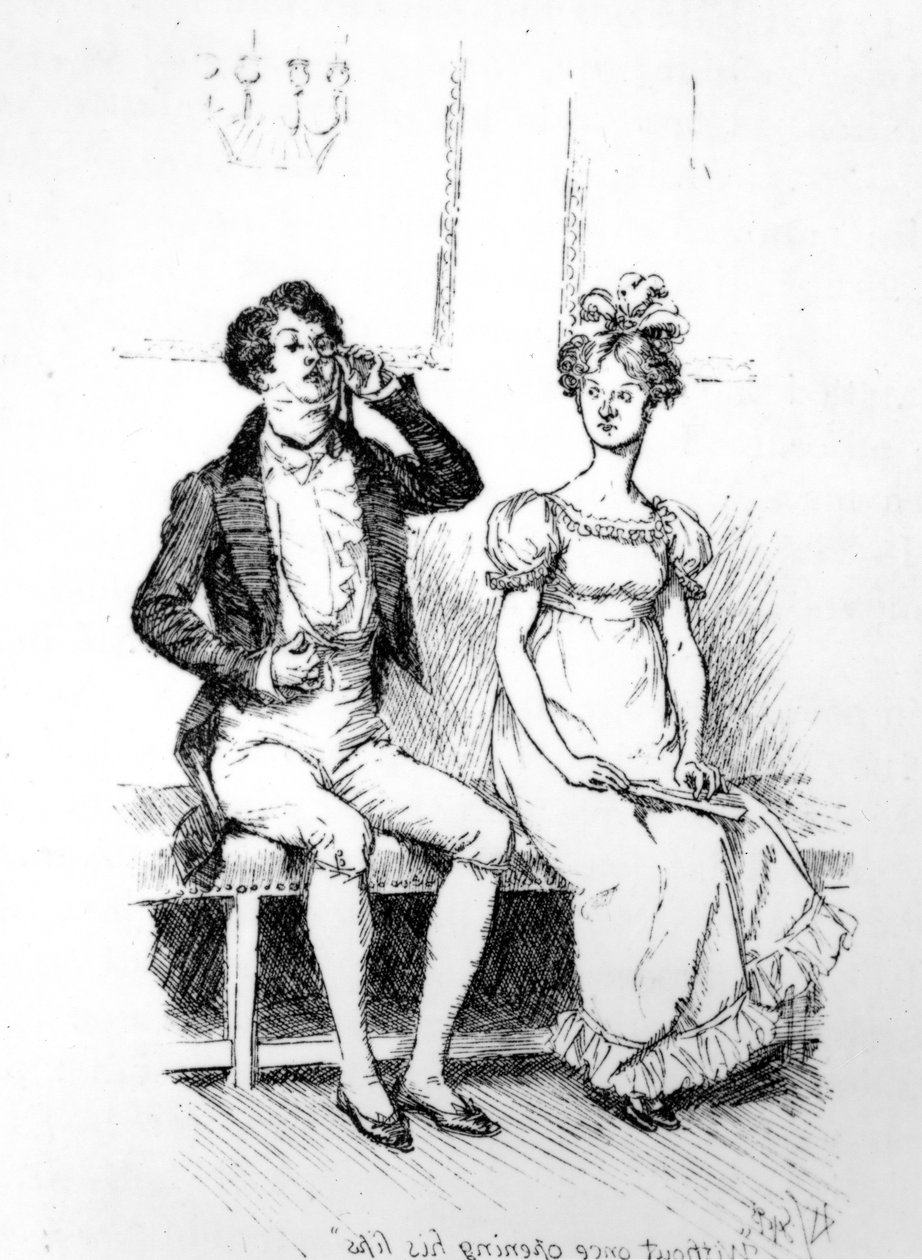 „Anélkül, hogy egyszer kinyitná az ajkát”, illusztráció Jane Austen „Büszkeség és balítélet” című művéből, 1894-ben megjelent kiadás alkotó: Hugh Thomson