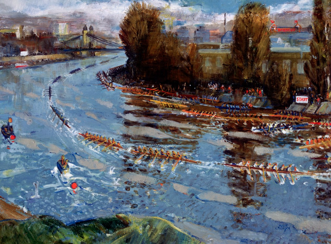 „A folyó feje az iskoláknak”, evezős verseny a Temzén, London, 1925 után alkotó: Hugh Cronyn