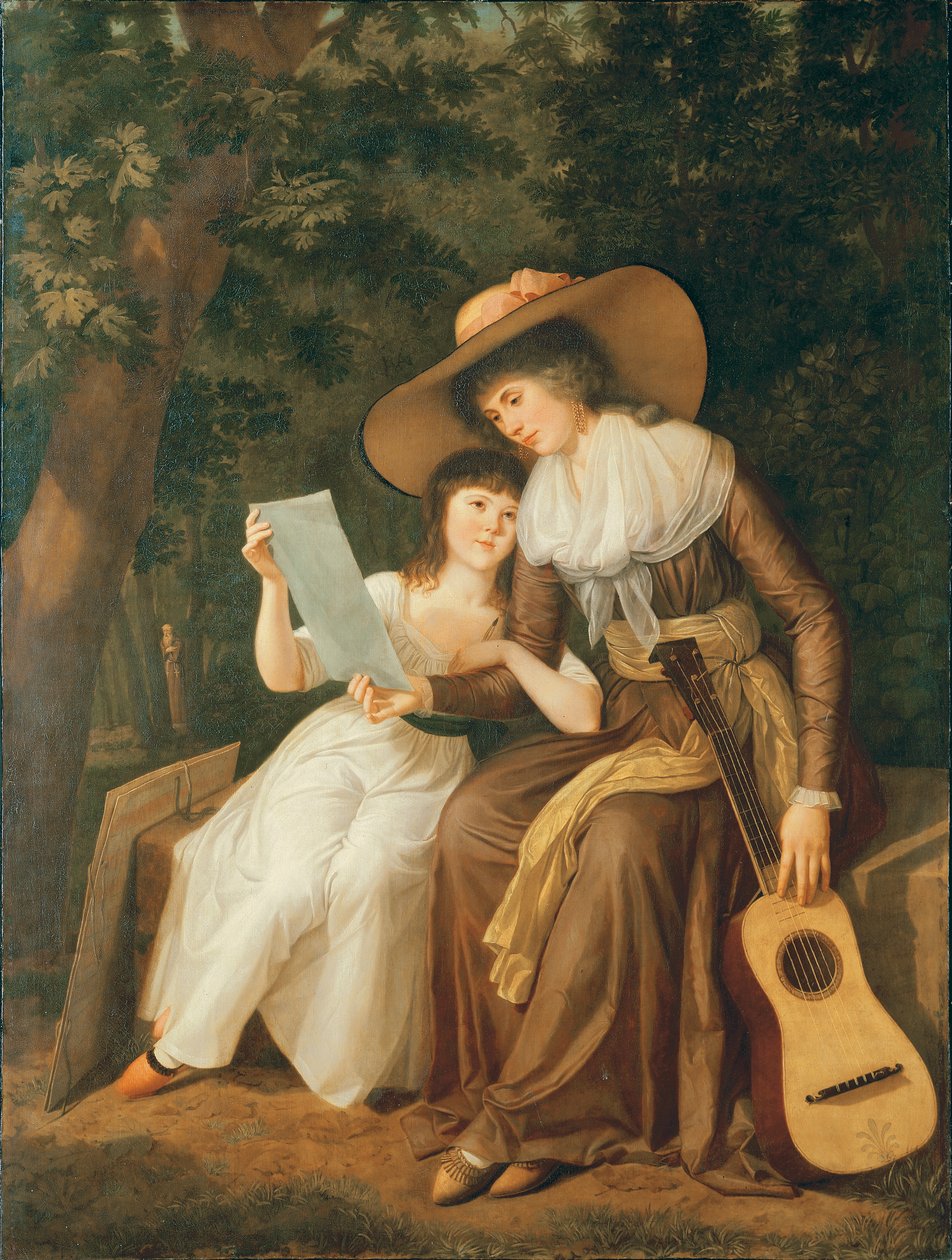 Mária, Erne grófnőjének kettős portréja lányával, Lady Caroline Crichtonnal, később Lady Wharncliffe-el, egész alakos, ülve, előbbi barna ruhában, sárga övvel, nagy szívószálat visel alkotó: Hugh Douglas Hamilton