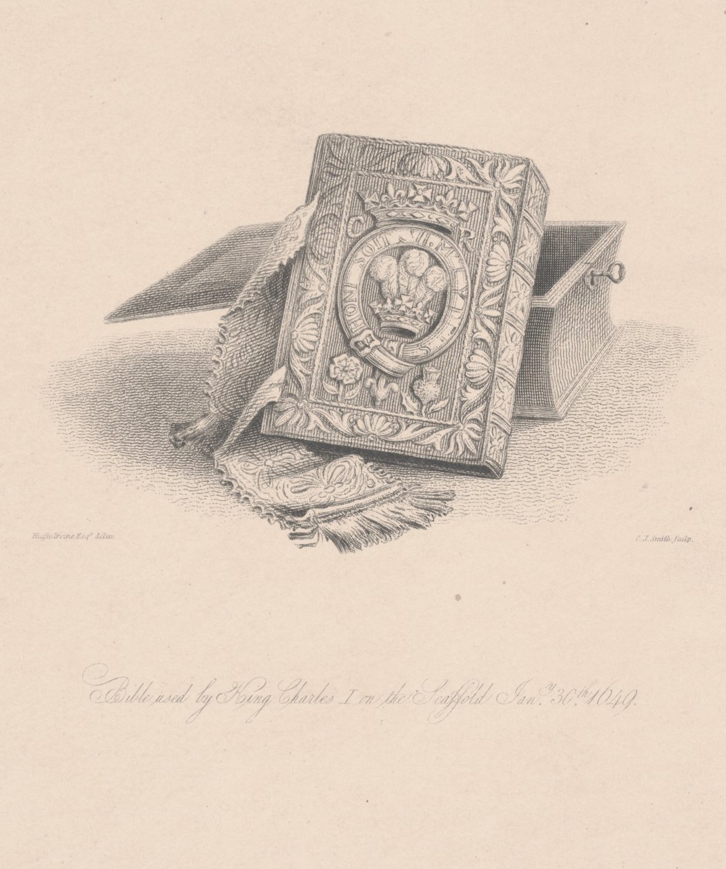 I. Károly király által az állványon 1649. január 30-án használt Biblia, C.J. Smith metszete alkotó: Hugh Irvine