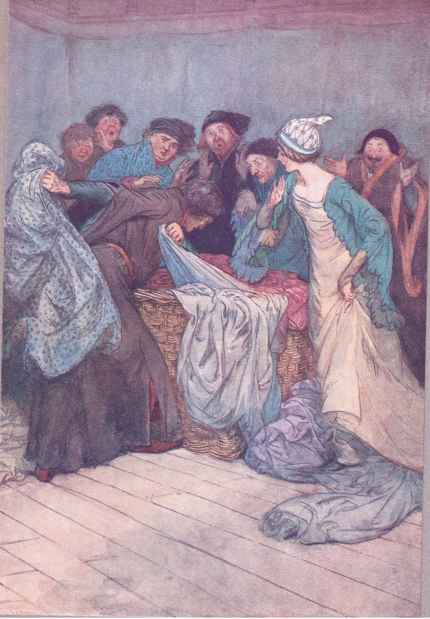 nem szégyelled? Hagyja békén a ruhákat, illusztráció a Windsori víg feleségekből, 1910 alkotó: Hugh Thomson