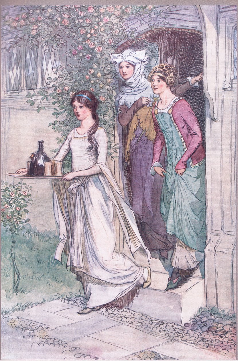 „Enter Anne Page with wine, Mistress Ford és Mistress Page követi”, illusztráció a „The Merry Wives of Windsor” című filmből alkotó: Hugh Thomson