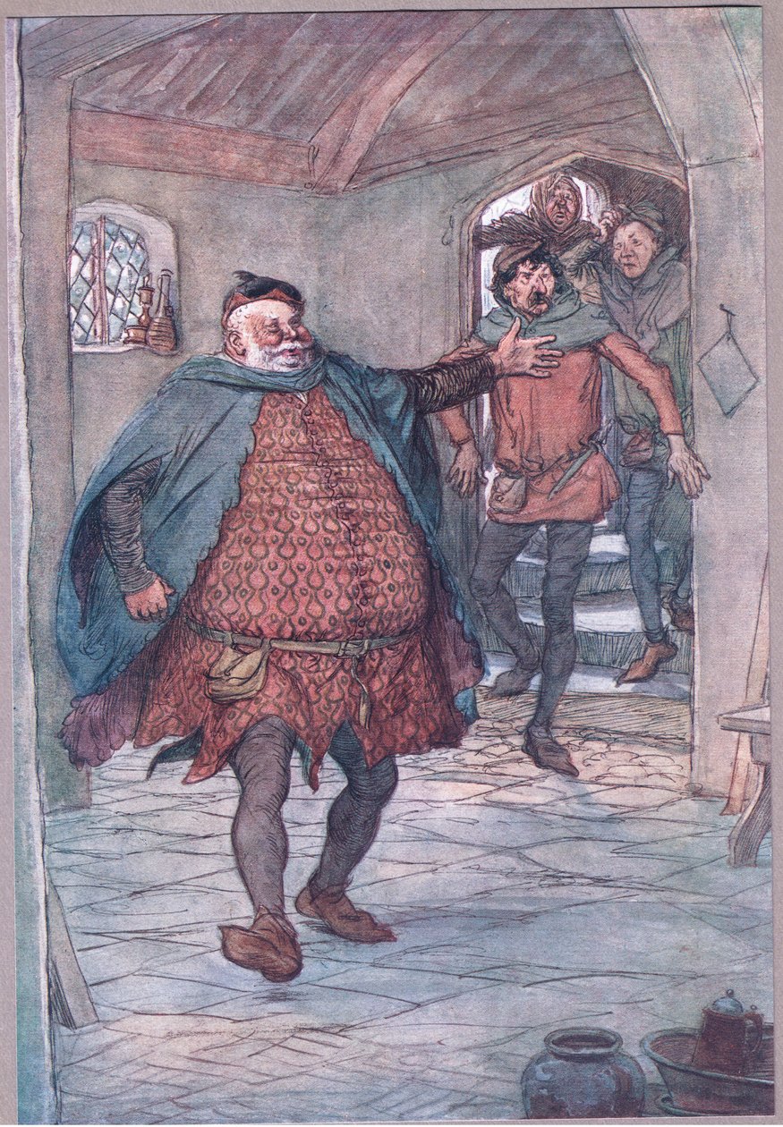 Lépj be Falstaff, pisztoly, Nym és Bardolph, illusztráció a Windsori vidám feleségekből, 1910 alkotó: Hugh Thomson