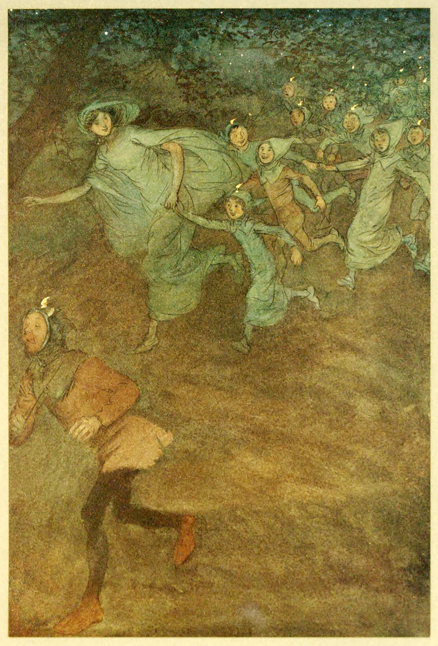 Lépjen be Sir Hugh Evans, Anne Page és mások a The Merry Wives of Windsor kocsmából. 1910 alkotó: Hugh Thomson