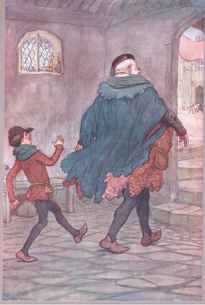 Exeunt Falstaff és Robin, illusztráció a Windsori vidám feleségekből, 1910 alkotó: Hugh Thomson