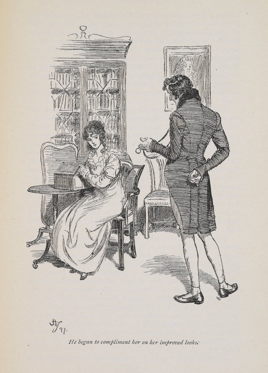 "Elkezdte dicsérni a nőt a jobb külsejéért" Jane Austen 1897-es regényéhez (metszet) alkotó: Hugh Thomson