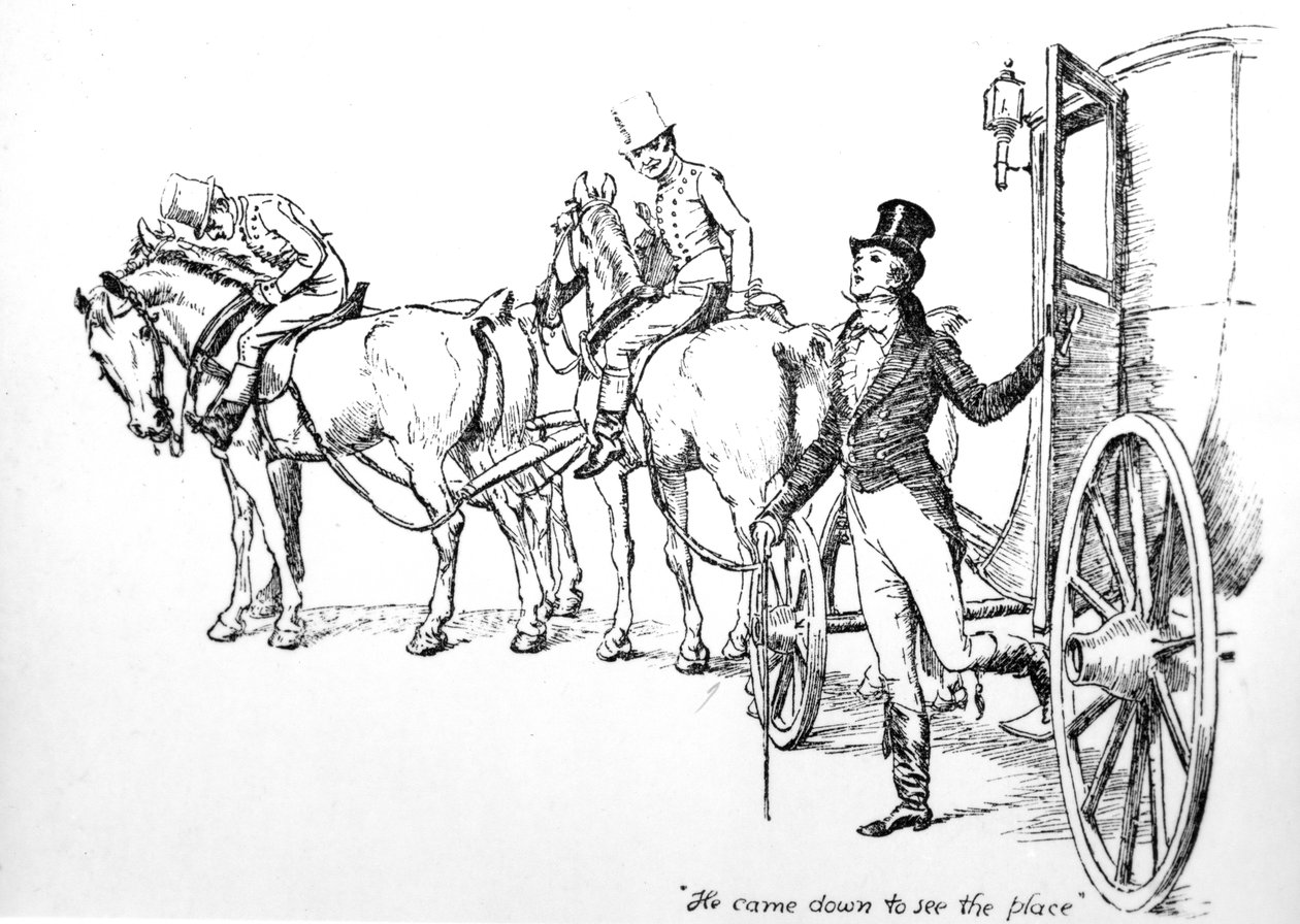 „Lejött, hogy megnézze a helyet”, illusztráció Jane Austen „Büszkeség és balítélet” című művéből, 1894-ben megjelent kiadás alkotó: Hugh Thomson