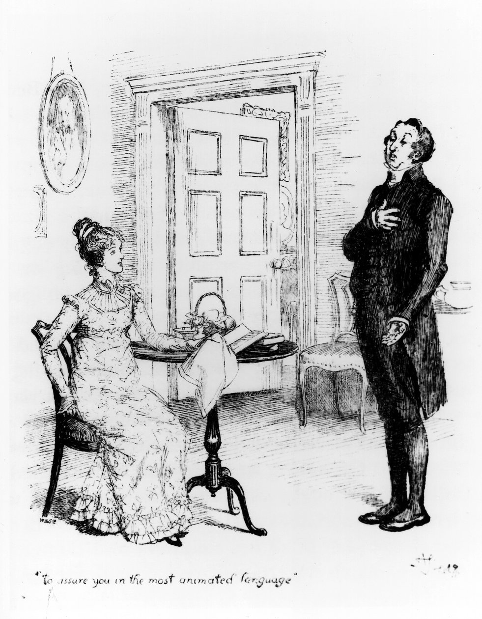 Mr Collins és Elizabeth, Jane Austen (1775-1817) „Büszkeség és balítélet” című művéből, 1894 körül (metszet) (bw fotó) alkotó: Hugh Thomson