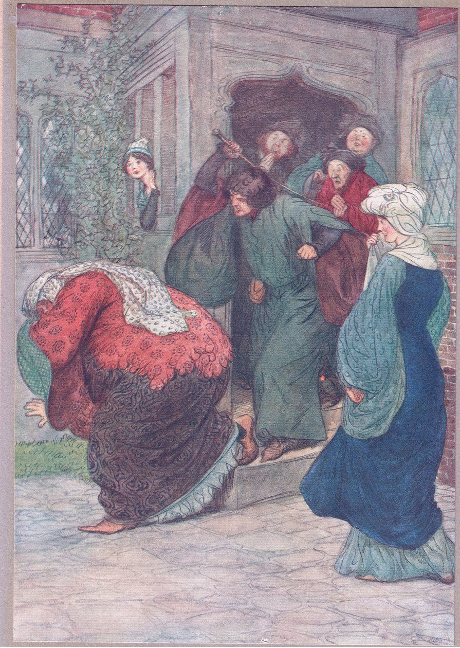 Az ajtómon kívül te boszorkány, illusztráció a Windsori víg feleségekből, 1910 alkotó: Hugh Thomson