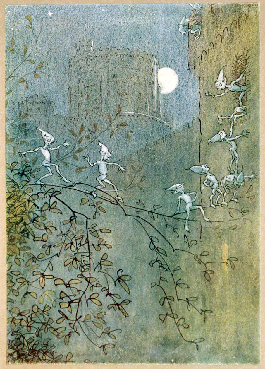 Keresés a Windsori kastélyban, elfek, kívül és belül, a The Merry Wives of Windsor, kocsma. 1910. alkotó: Hugh Thomson
