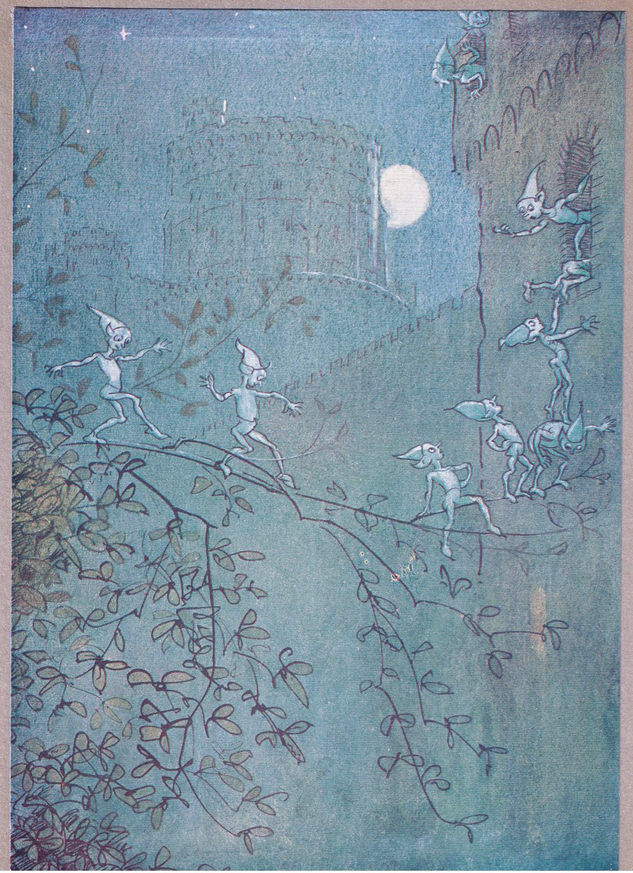 Keresés a Windsori kastélyban, tündék, kívül és belül, illusztráció a Windsori vidám feleségekből, 1910 alkotó: Hugh Thomson