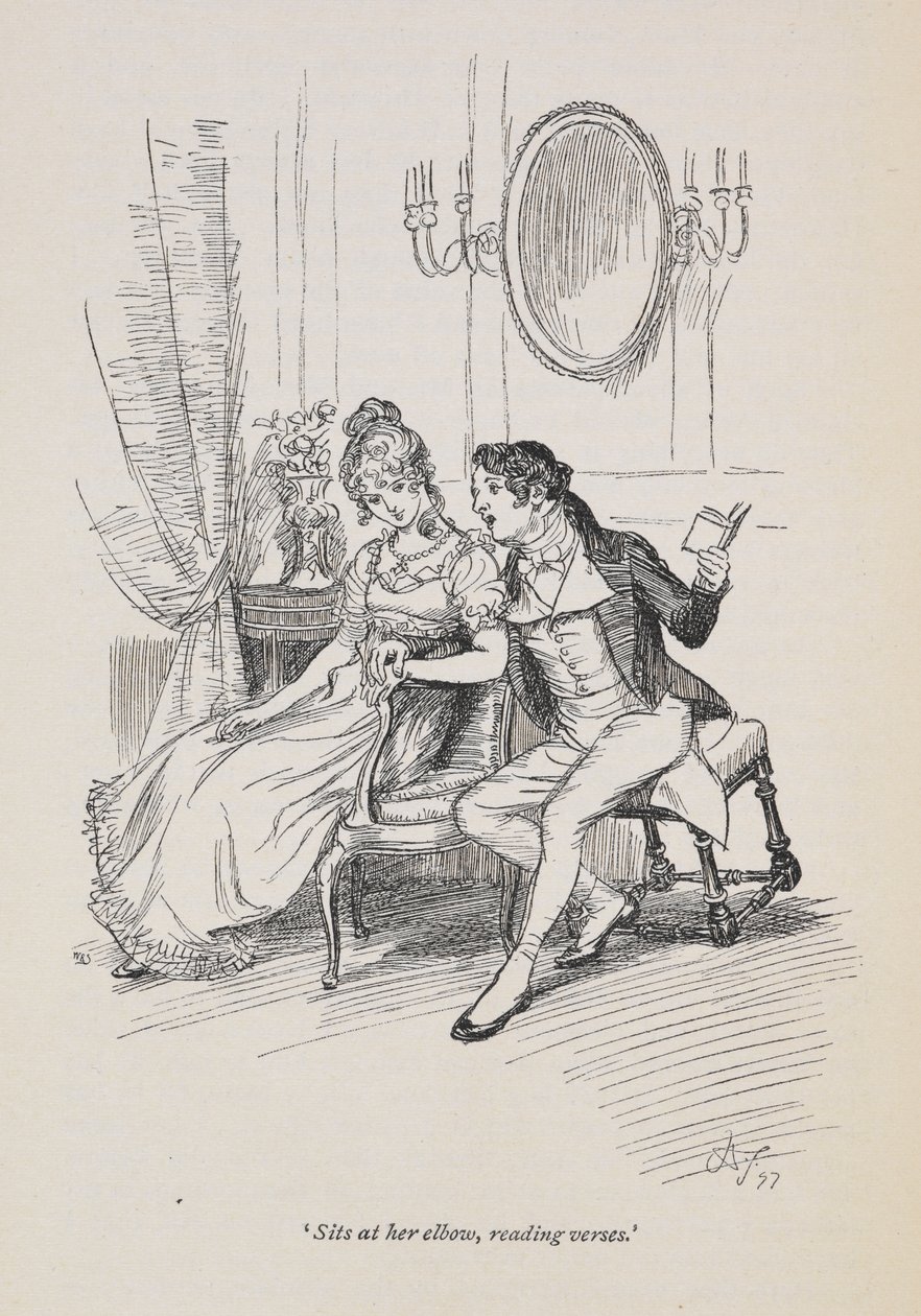 "A könyökénél ül, verseket olvas." Jane Austen meggyőzése alkotó: Hugh Thomson
