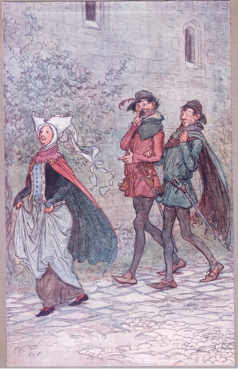 Amikor Mrs Bridget elvesztette legyezőjének fogantyúját, illusztráció a Windsori víg feleségekből, 1910 alkotó: Hugh Thomson