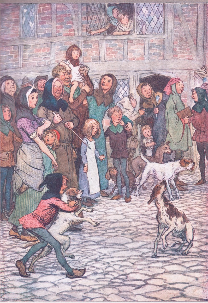 Miért ugatnak így a kutyáid? Legyenek ott medvék a városban?, illusztráció a Windsori víg feleségek című filmből, 1910 alkotó: Hugh Thomson