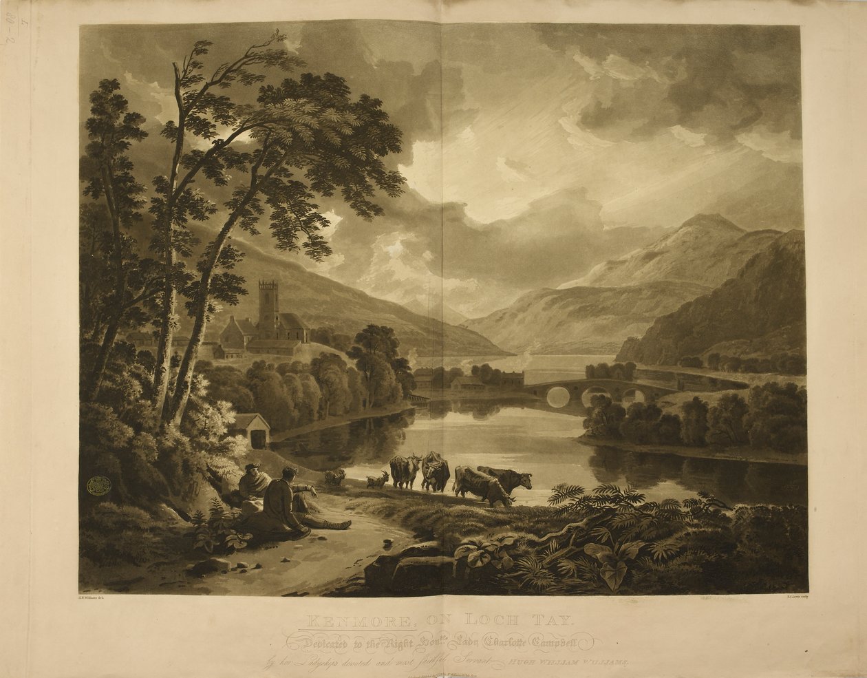Illusztráció, amely Kenmore-t mutatja a skóciai Loch Tay-n. Tavi és hegyi táj a Felvidéken. alkotó: Hugh William Williams