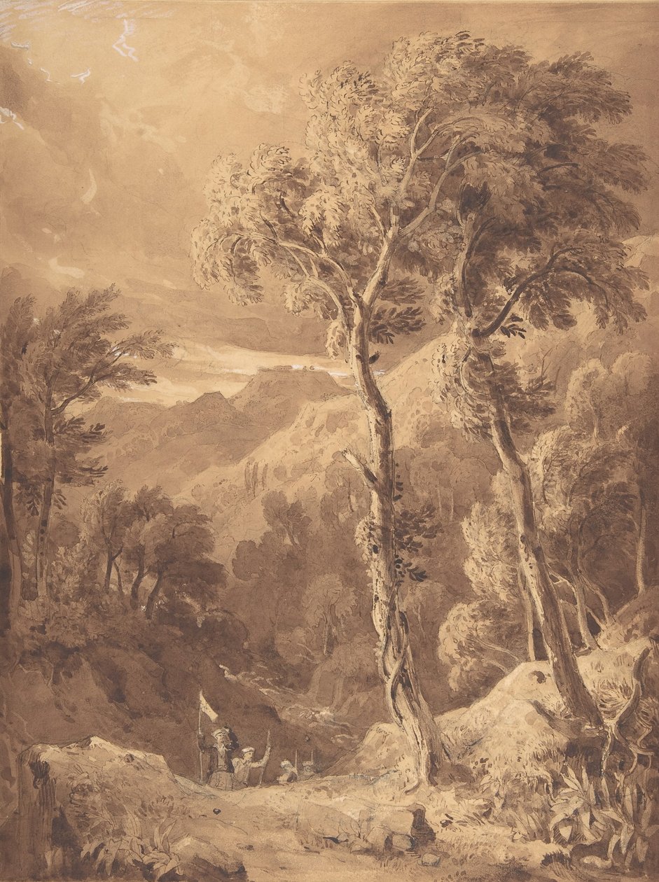Hegyvidéki táj utazók társaságával jelenet a Pellen-Achaia folyón, 1818-29. alkotó: Hugh William Williams