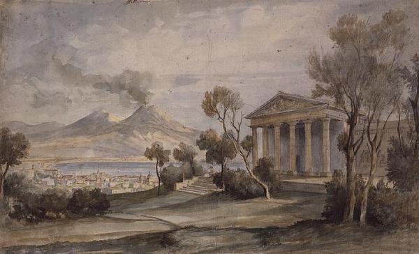PD.255-1985 A Villa Saliceti, alul Nápoly, a távolban a Vezúv. alkotó: Hugh William Williams