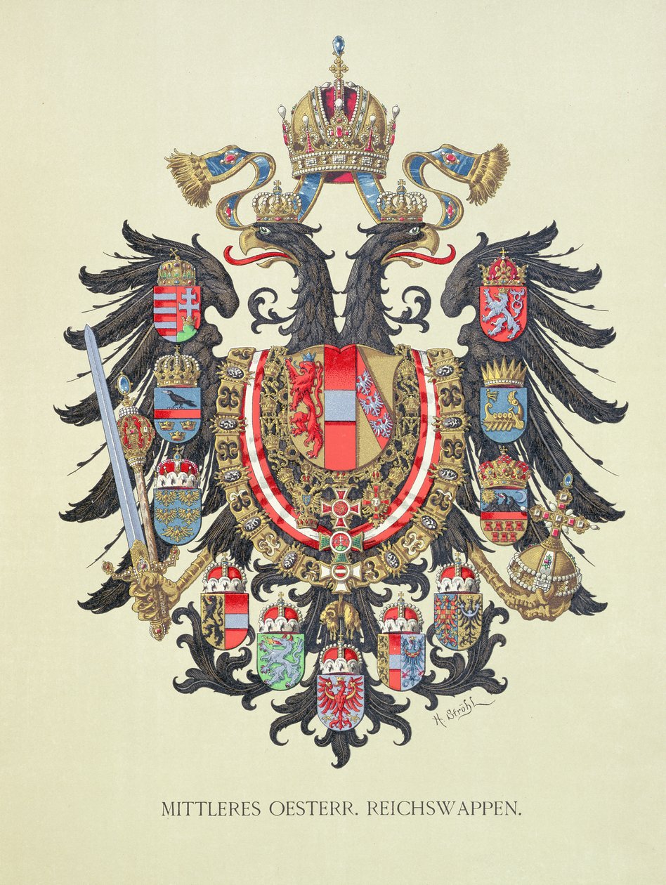 Tányér az Osztrák-Magyar Birodalom címerével, a művész „Heraldischer Atlas” című művéből, 1899 alkotó: Hugo Gerard Strohl