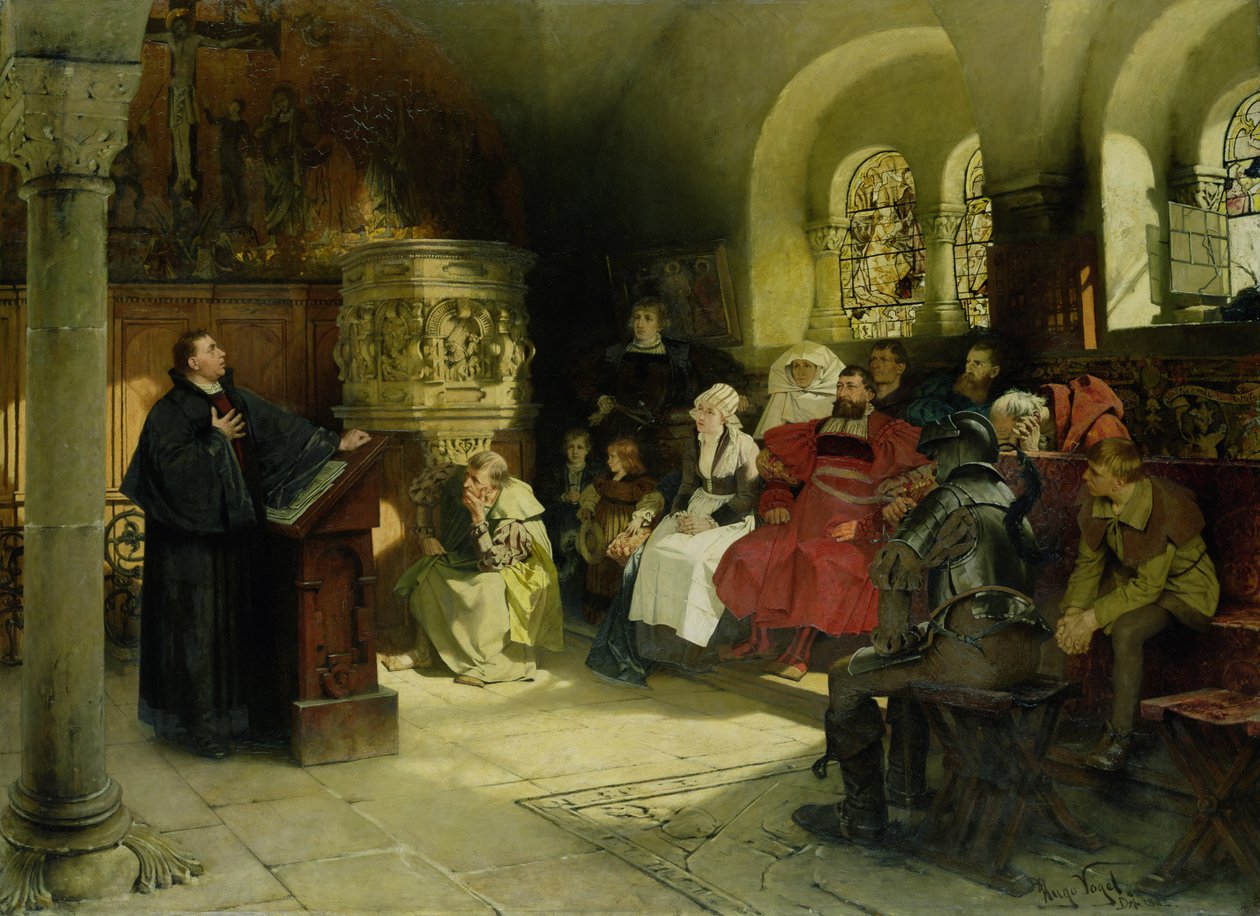 Luther bibliafordítását használva prédikál, miközben Wartburgban volt börtönben, 1882 alkotó: Hugo Vogel