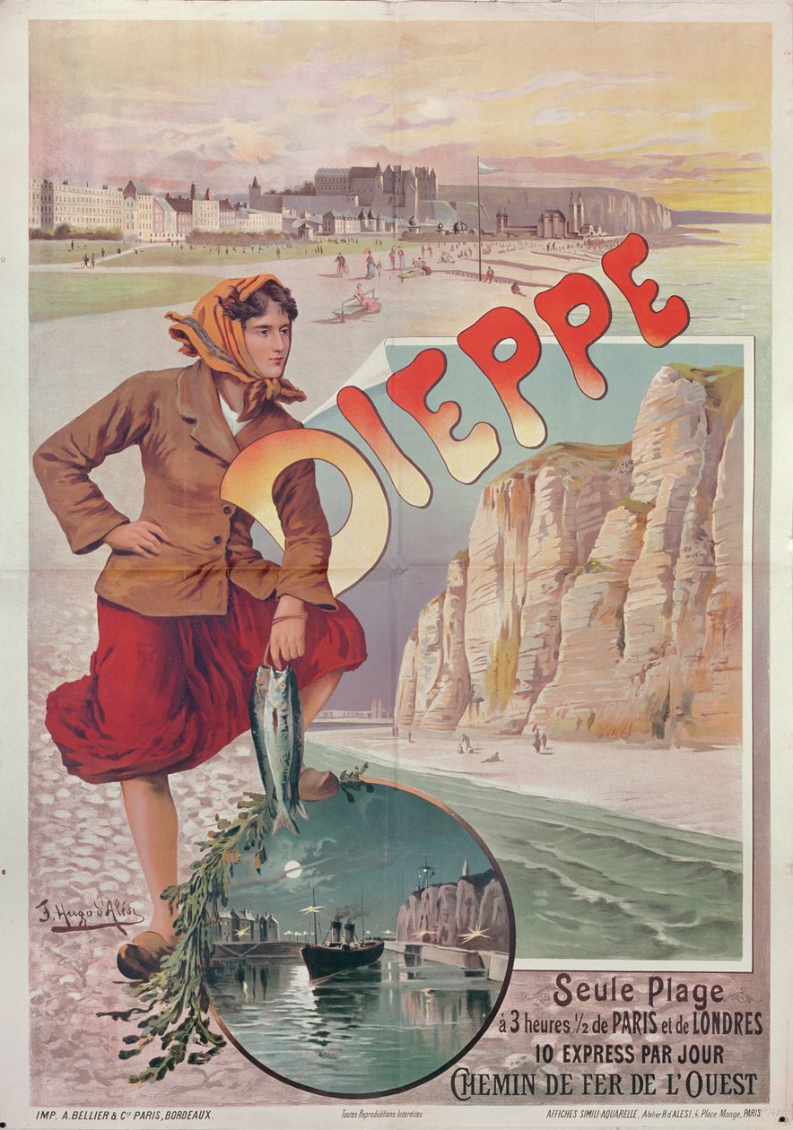 A Francia Vasutak plakátja, amely Dieppe látnivalóit hirdeti, 1896 körül. alkotó: Hugo dAles