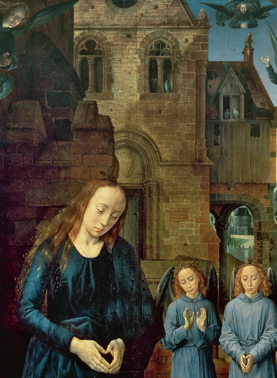 Az angyalok által imádott Krisztus-gyermek, a Portinari oltárkép központi táblája, 1479 körül (9619 részlete) alkotó: Hugo van der Goes