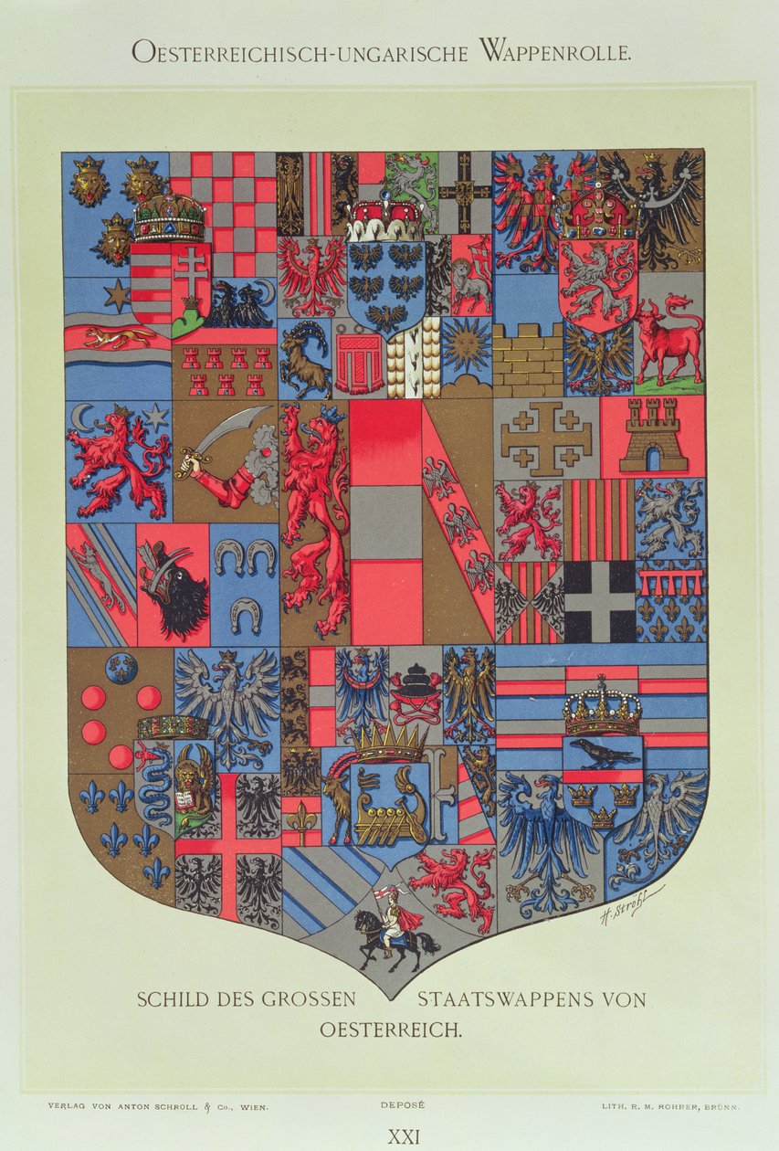 01315 Az Osztrák-Magyar Birodalom címere, az Osztrák Császári Udvar R. M. Rohrer által metszett fegyveres csapágyaival (színes litó) alkotó: Hugo Gerard Strohl
