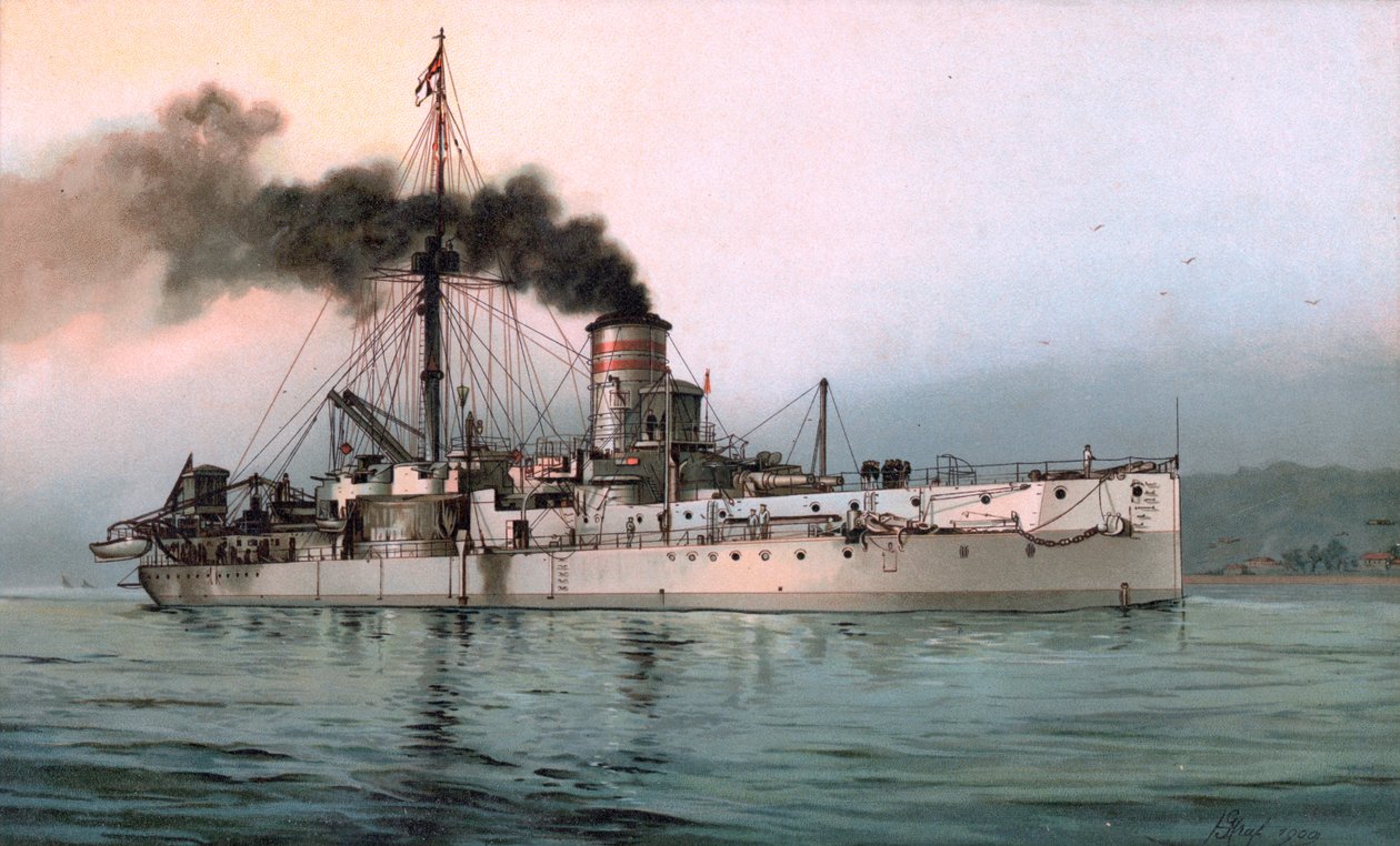A német vaskalapos SMS Württemberg litográfiája alkotó: Hugo Graf