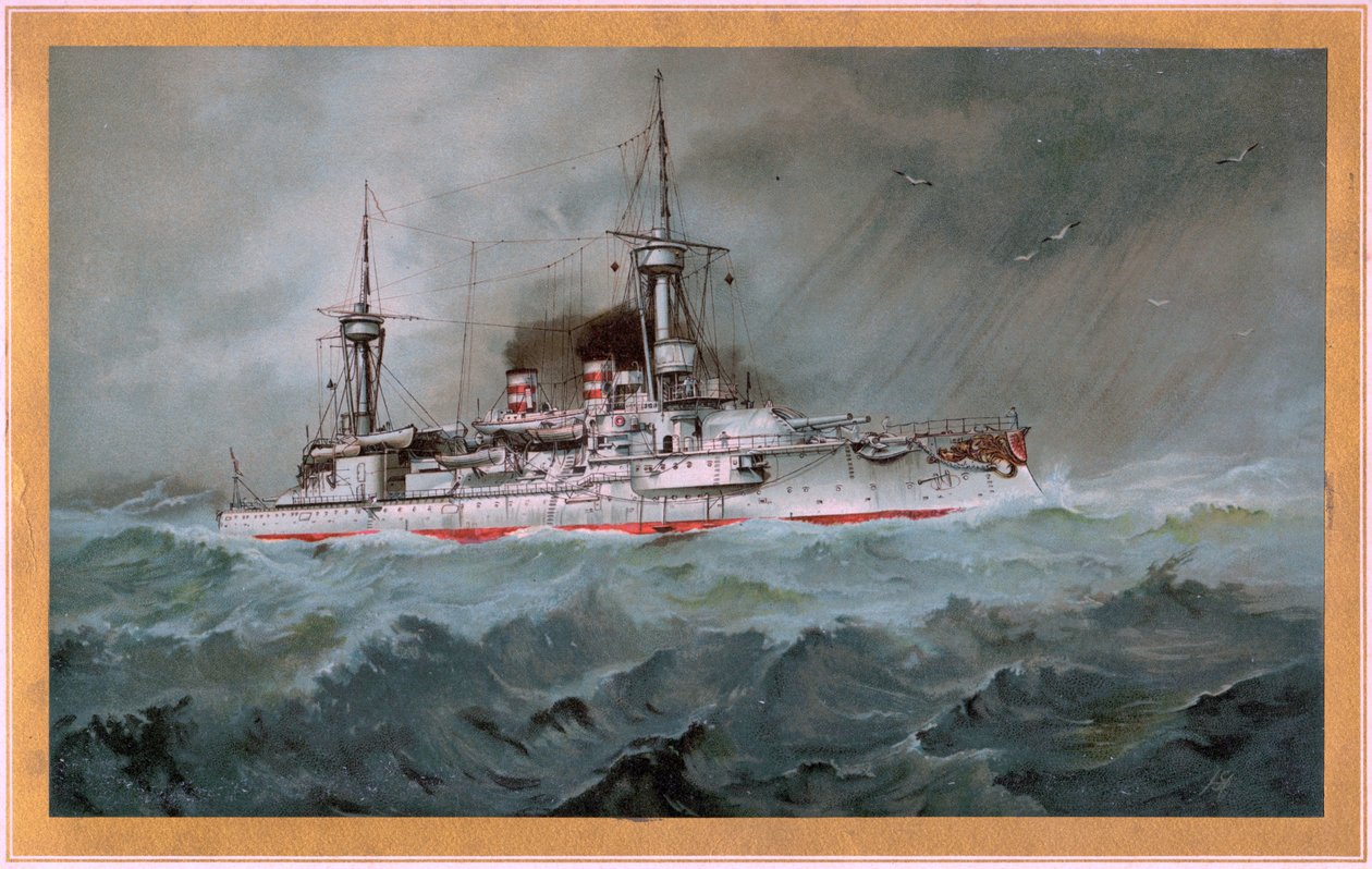 S.M.S. Linienschiff Brandenburg (címer vörös sas fehér pajzson, S.M.S. Wörth = fekete császársas aranypajzson) alkotó: Hugo Graf